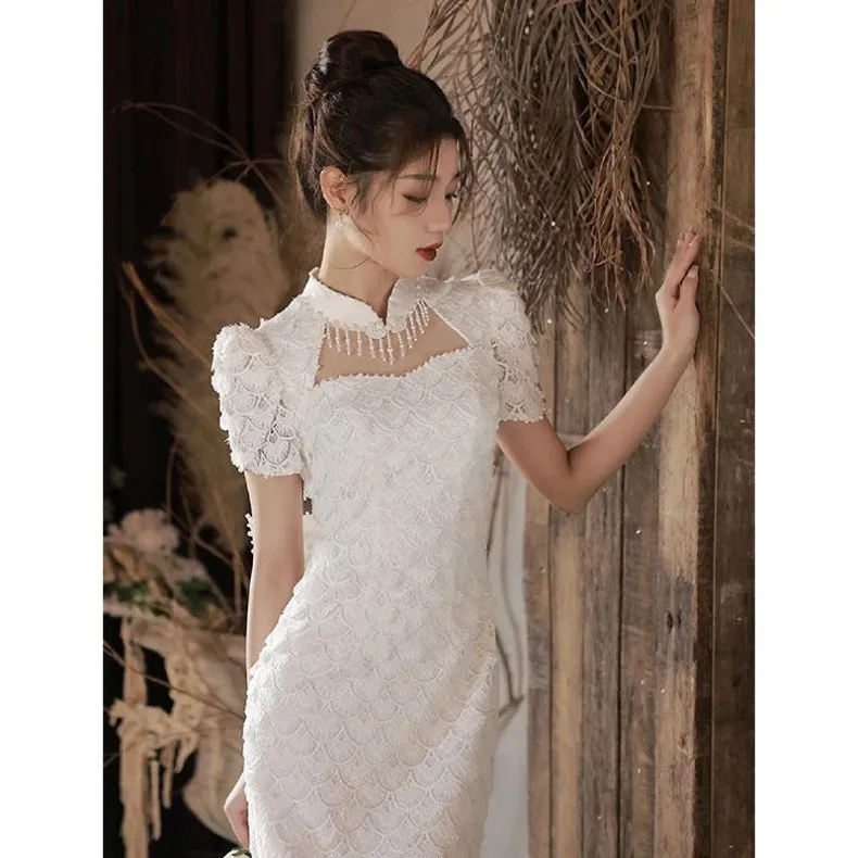 IKEARLAX  White Lace Cheongsam Toast Dress Bride Engagement Evening Dress Women's License Registration  High-End Backless Bow