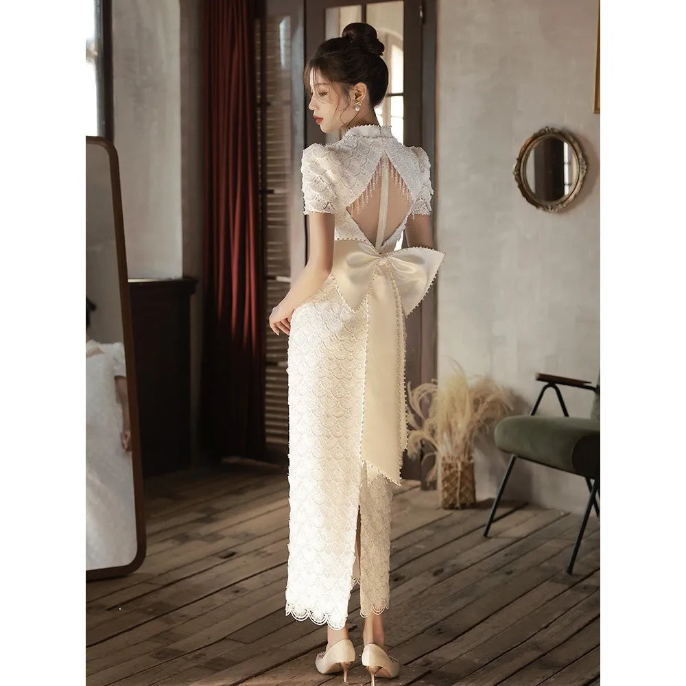 IKEARLAX  White Lace Cheongsam Toast Dress Bride Engagement Evening Dress Women's License Registration  High-End Backless Bow