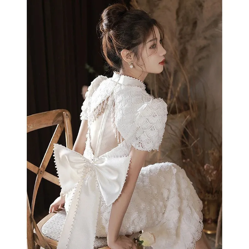 IKEARLAX  White Lace Cheongsam Toast Dress Bride Engagement Evening Dress Women's License Registration  High-End Backless Bow