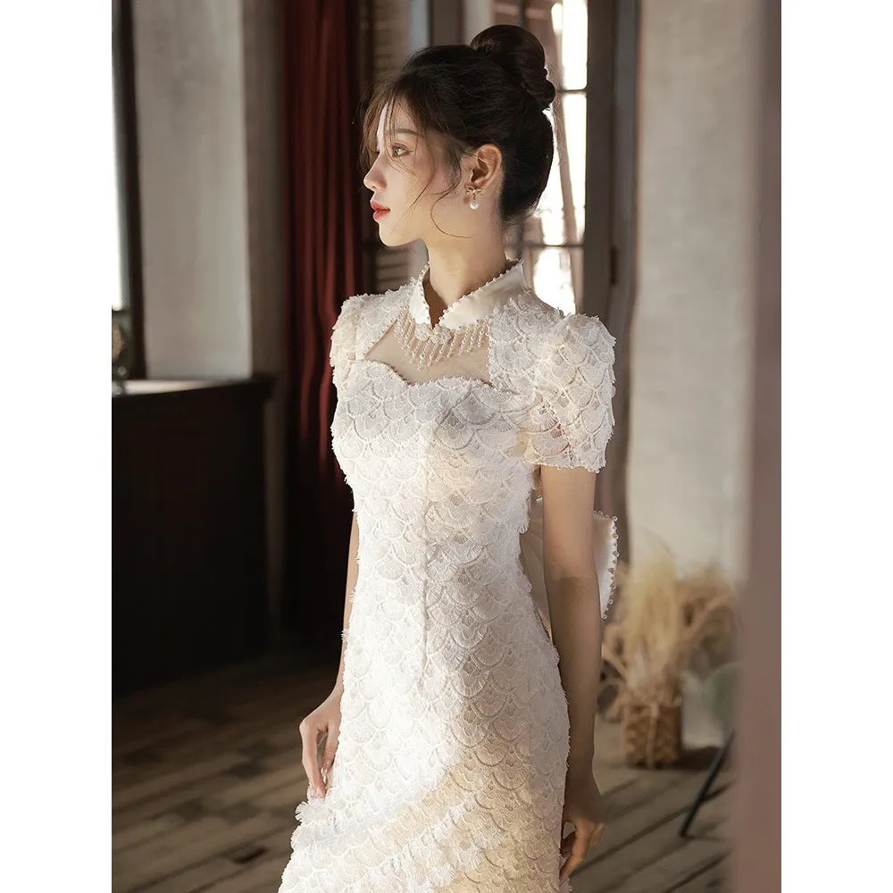 IKEARLAX  White Lace Cheongsam Toast Dress Bride Engagement Evening Dress Women's License Registration  High-End Backless Bow