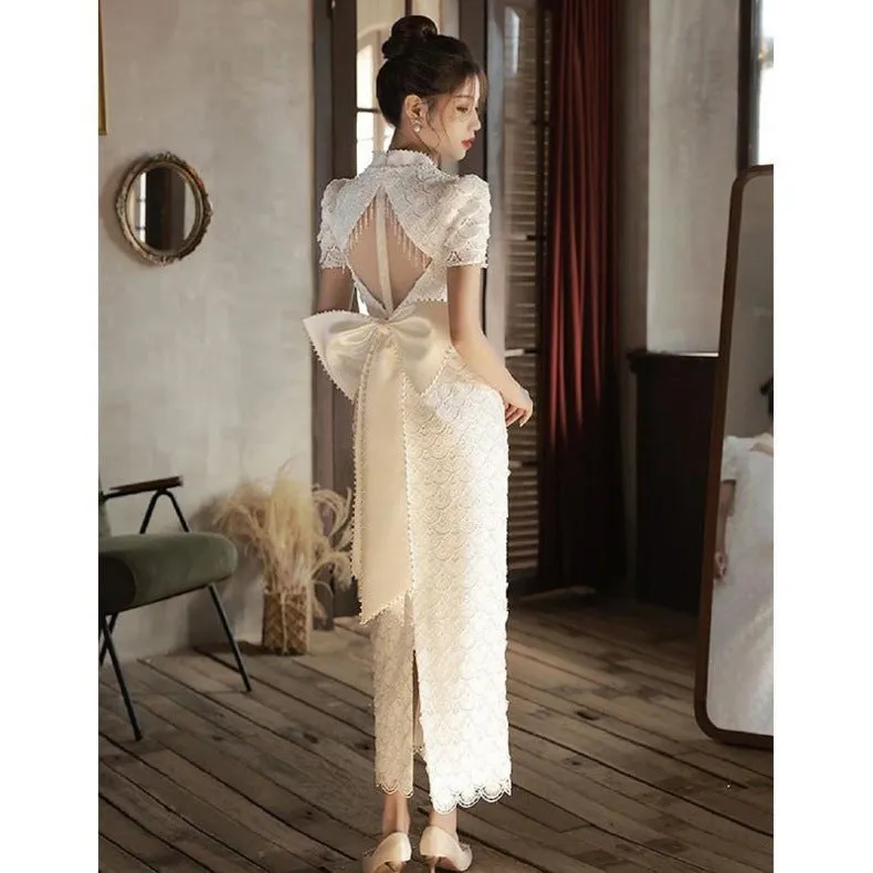 IKEARLAX  White Lace Cheongsam Toast Dress Bride Engagement Evening Dress Women's License Registration  High-End Backless Bow