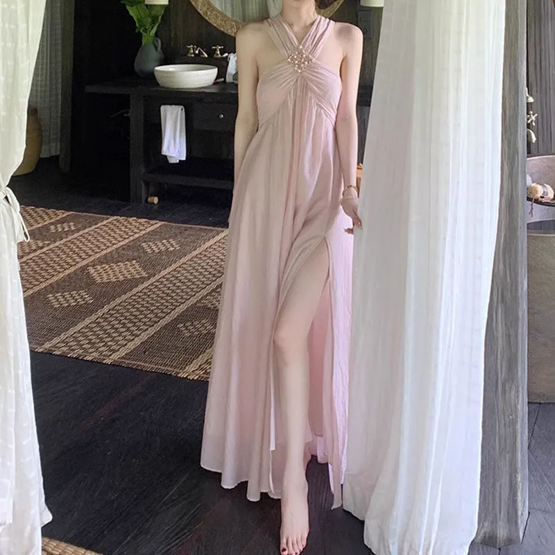 IKEARLAX  Yida Goddess Style Holiday Dress Spring/Summer Women's Halter Long Dress  New Style Pink