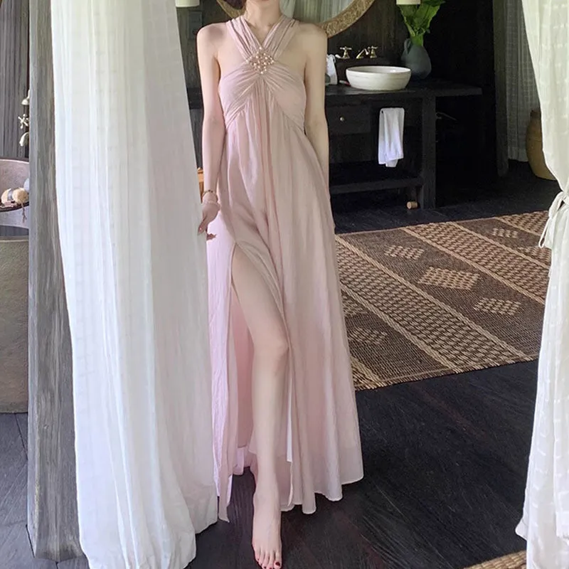 IKEARLAX  Yida Goddess Style Holiday Dress Spring/Summer Women's Halter Long Dress  New Style Pink