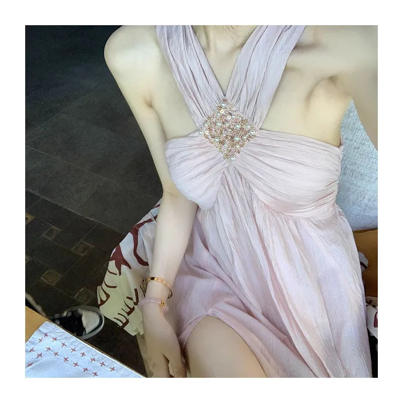 IKEARLAX  Yida Goddess Style Holiday Dress Spring/Summer Women's Halter Long Dress  New Style Pink