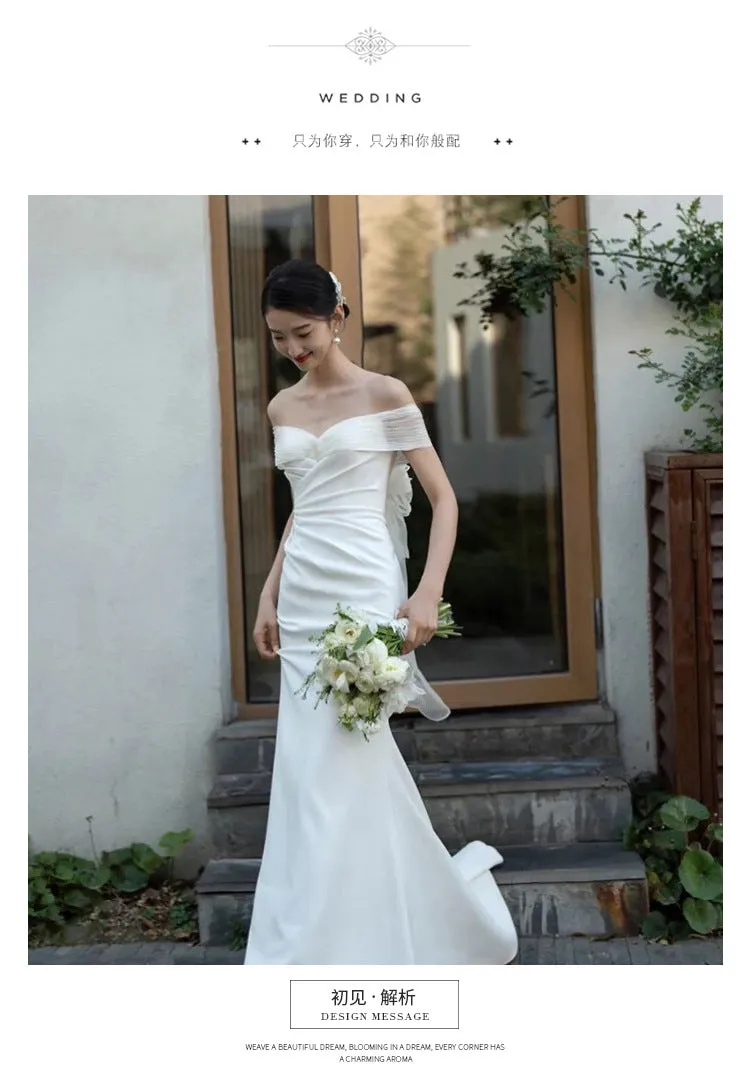 IKERRLAX Korean-Style off-Shoulder Light Wedding Dress Simple Mori Style Fishtail Satin Outdoor Welcome Yarn White Backless Dress Small Tail