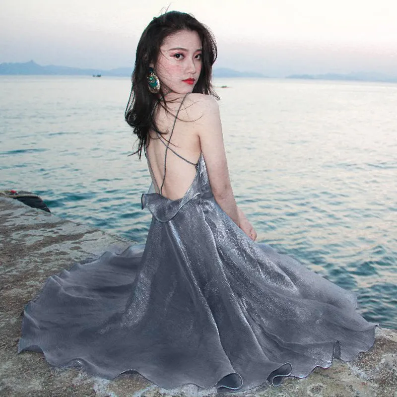 IKERRLAX Seaside Vacation Skirt Sanya Sexy Backless Beach Skirt New Suspender Dress Summer Super Girl Small Dress Dinner Party