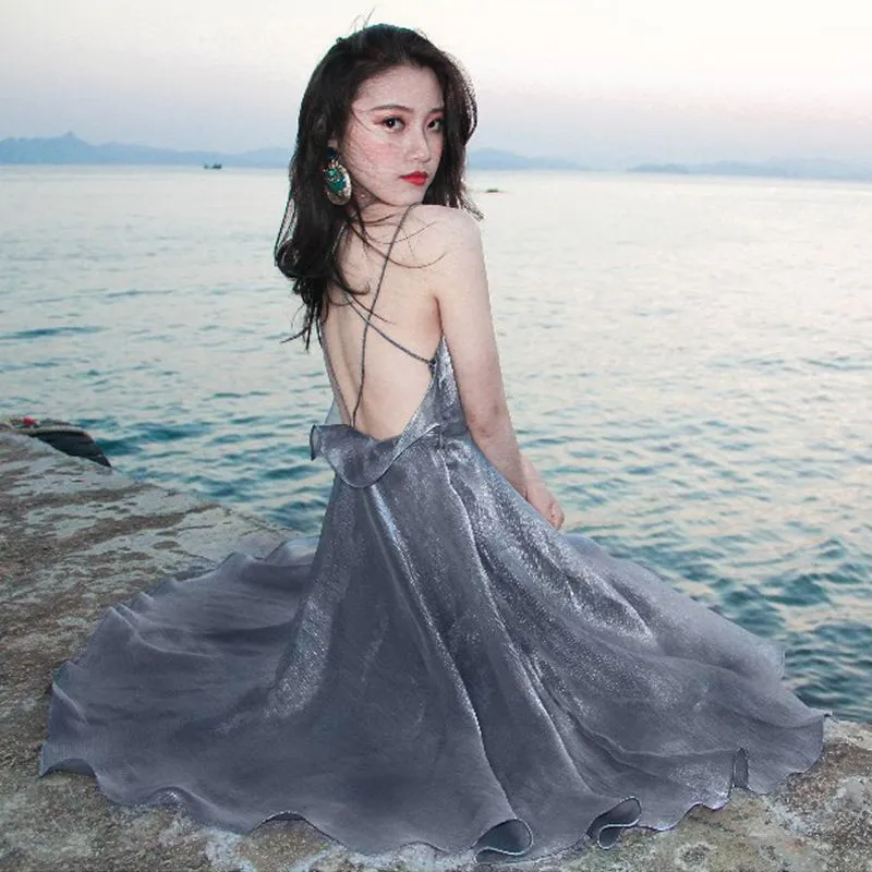 IKERRLAX Seaside Vacation Skirt Sanya Sexy Backless Beach Skirt New Suspender Dress Summer Super Girl Small Dress Dinner Party