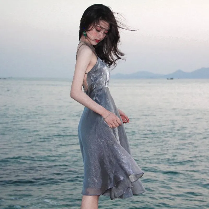 IKERRLAX Seaside Vacation Skirt Sanya Sexy Backless Beach Skirt New Suspender Dress Summer Super Girl Small Dress Dinner Party