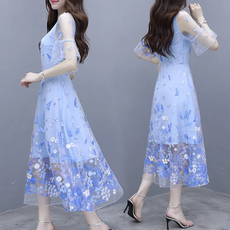IKERRLAX Spring and Summer New Waist-Tight Slimming V-Neckline Floral Long Dress Fairy Blue Embroidered Mesh Dress Women