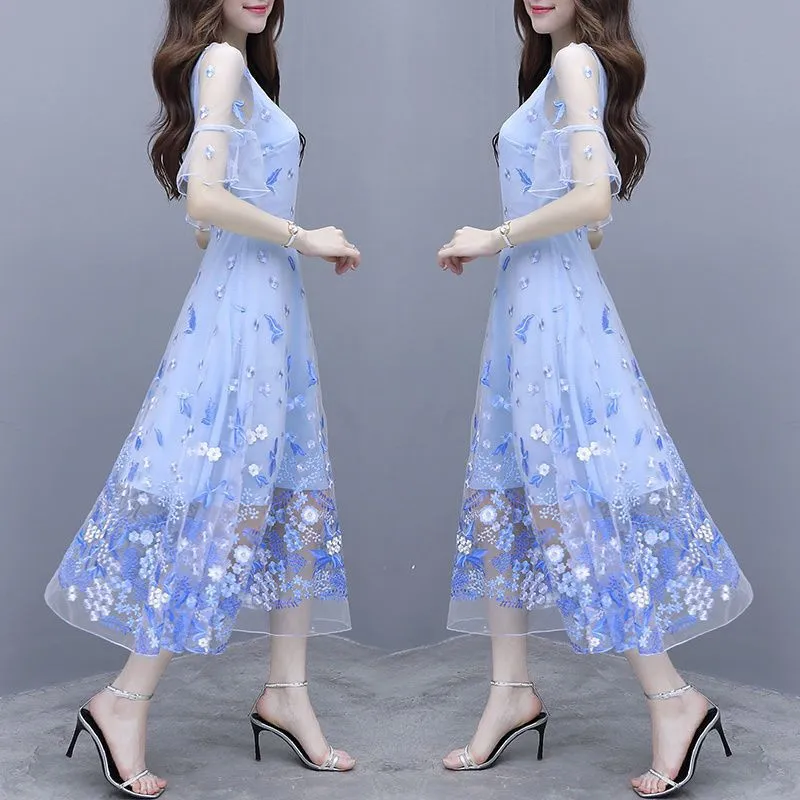 IKERRLAX Spring and Summer New Waist-Tight Slimming V-Neckline Floral Long Dress Fairy Blue Embroidered Mesh Dress Women