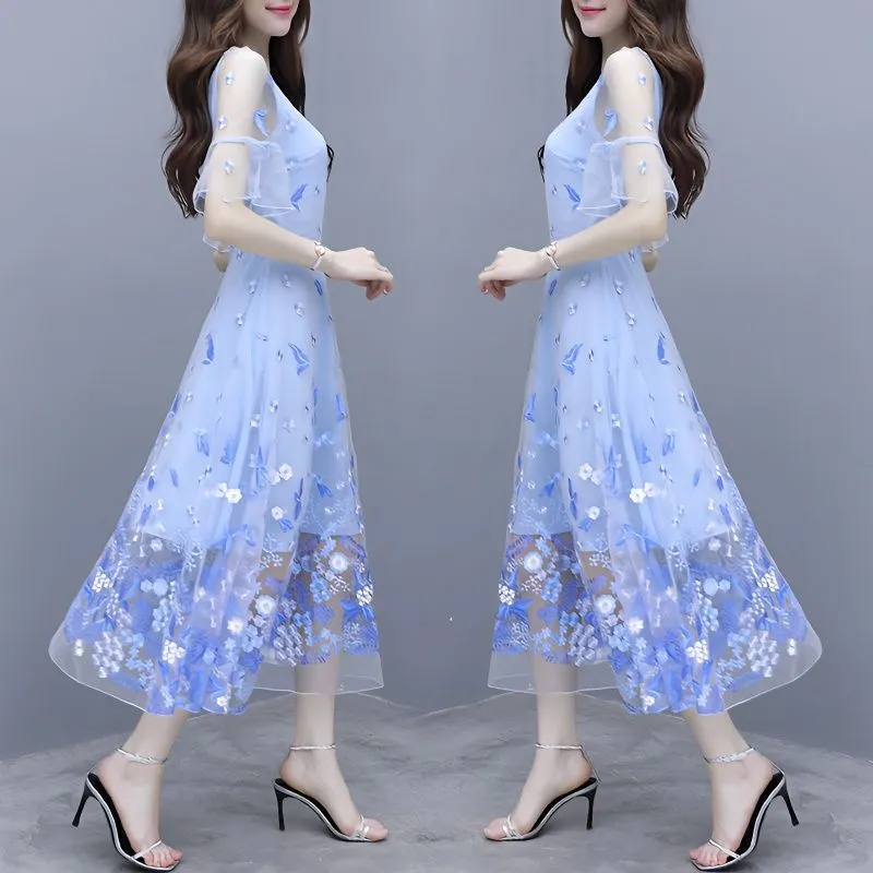 IKERRLAX Spring and Summer New Waist-Tight Slimming V-Neckline Floral Long Dress Fairy Blue Embroidered Mesh Dress Women