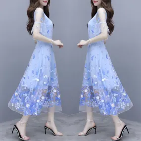 IKERRLAX Spring and Summer New Waist-Tight Slimming V-Neckline Floral Long Dress Fairy Blue Embroidered Mesh Dress Women