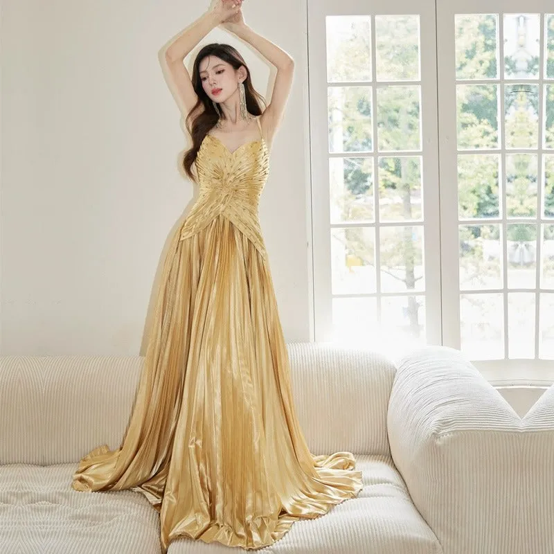 IKERRLAX Spring New Gilding Shirt Heavy Industry Beads Pleated Large Swing Dress Party Birthday Dress Advanced