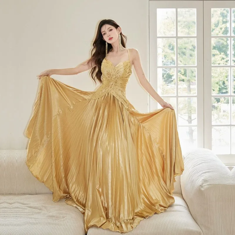 IKERRLAX Spring New Gilding Shirt Heavy Industry Beads Pleated Large Swing Dress Party Birthday Dress Advanced