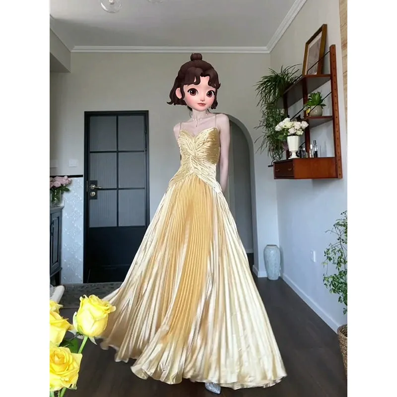 IKERRLAX Spring New Gilding Shirt Heavy Industry Beads Pleated Large Swing Dress Party Birthday Dress Advanced