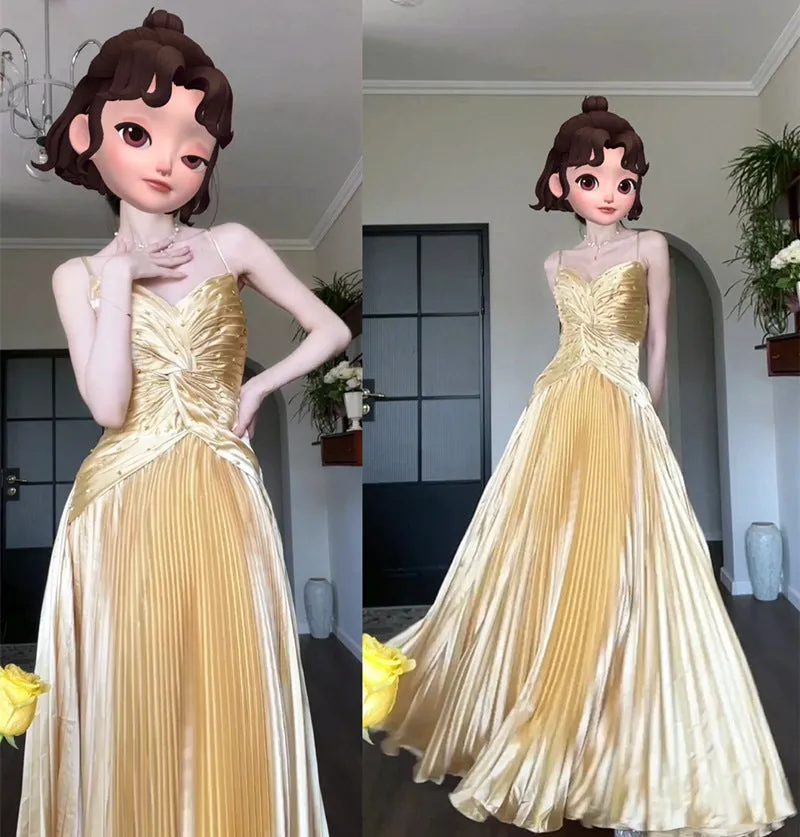 IKERRLAX Spring New Gilding Shirt Heavy Industry Beads Pleated Large Swing Dress Party Birthday Dress Advanced