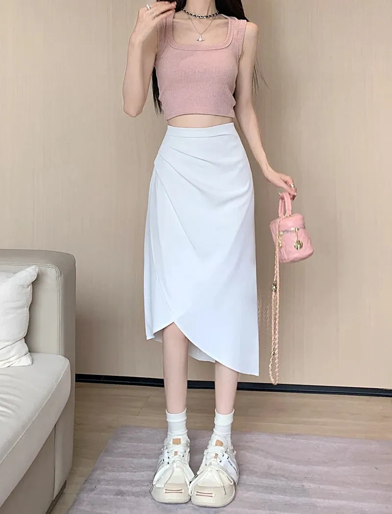 Irregular Pleated Split Women Skirts High Waist Tight Hip A-line Solid Color Fashion Female Skirt Korean Style Skirts