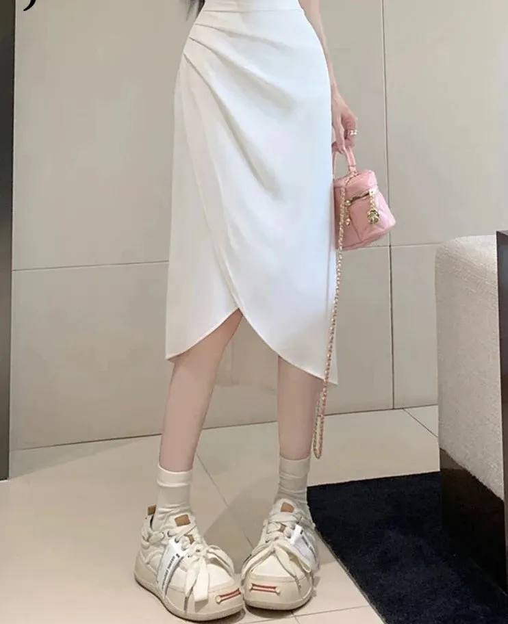 Irregular Pleated Split Women Skirts High Waist Tight Hip A-line Solid Color Fashion Female Skirt Korean Style Skirts