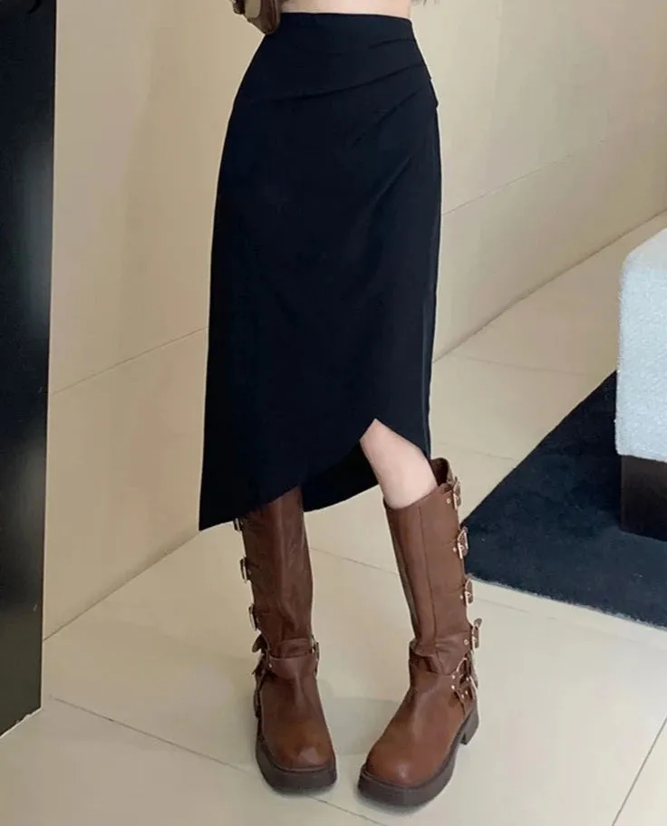 Irregular Pleated Split Women Skirts High Waist Tight Hip A-line Solid Color Fashion Female Skirt Korean Style Skirts