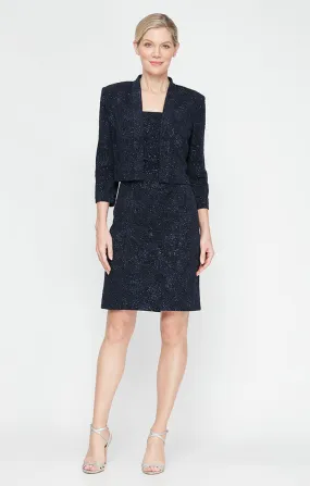Jacquard Glitter Knit Jacket Dress with Square Neckline & Open Jacket