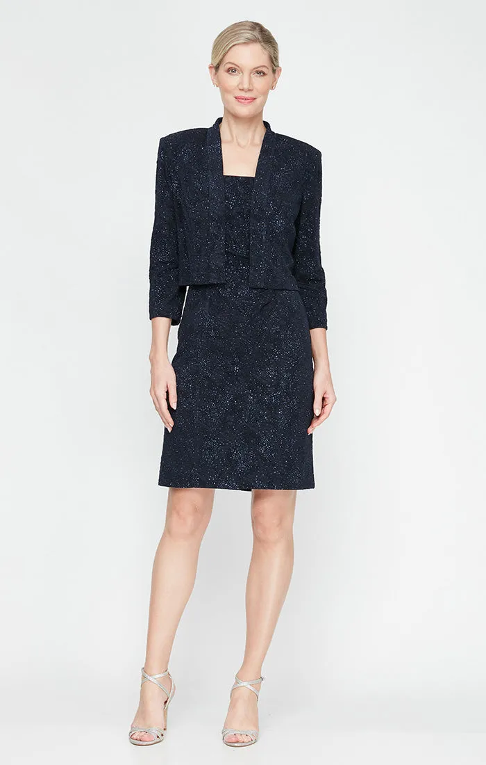 Jacquard Glitter Knit Jacket Dress with Square Neckline & Open Jacket