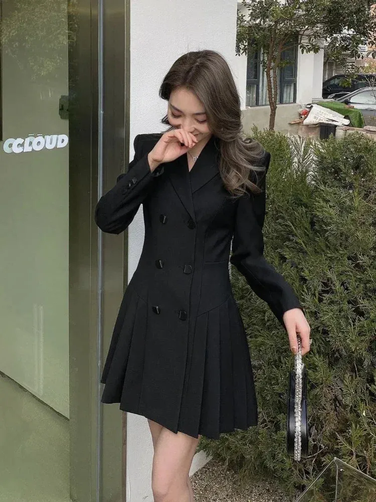 Korean Version of The Workplace Women's Slim Pleated Suit Skirt 2024 Spring New Single-breasted Black Temperament Waist Dress