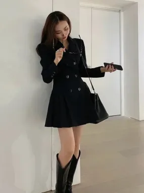 Korean Version of The Workplace Women's Slim Pleated Suit Skirt 2024 Spring New Single-breasted Black Temperament Waist Dress