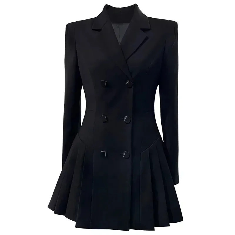 Korean Version of The Workplace Women's Slim Pleated Suit Skirt 2024 Spring New Single-breasted Black Temperament Waist Dress