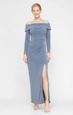 Long Metallic Knit Off the Shoulder Dress with Foldover Cuff Neckline, Long Sleeves and Front Slit
