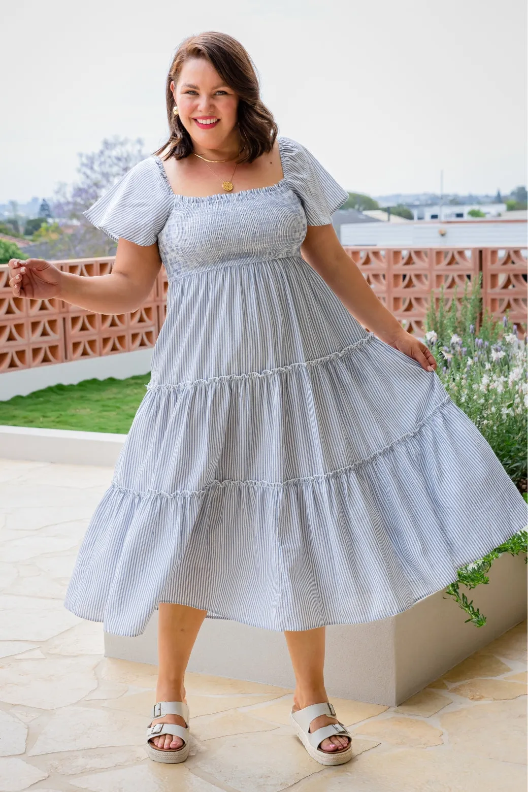 Lottie Midi Dress Blue White Stripe