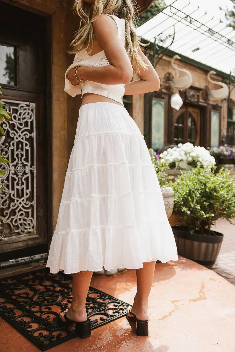 Minerva Tiered Midi Skirt in White