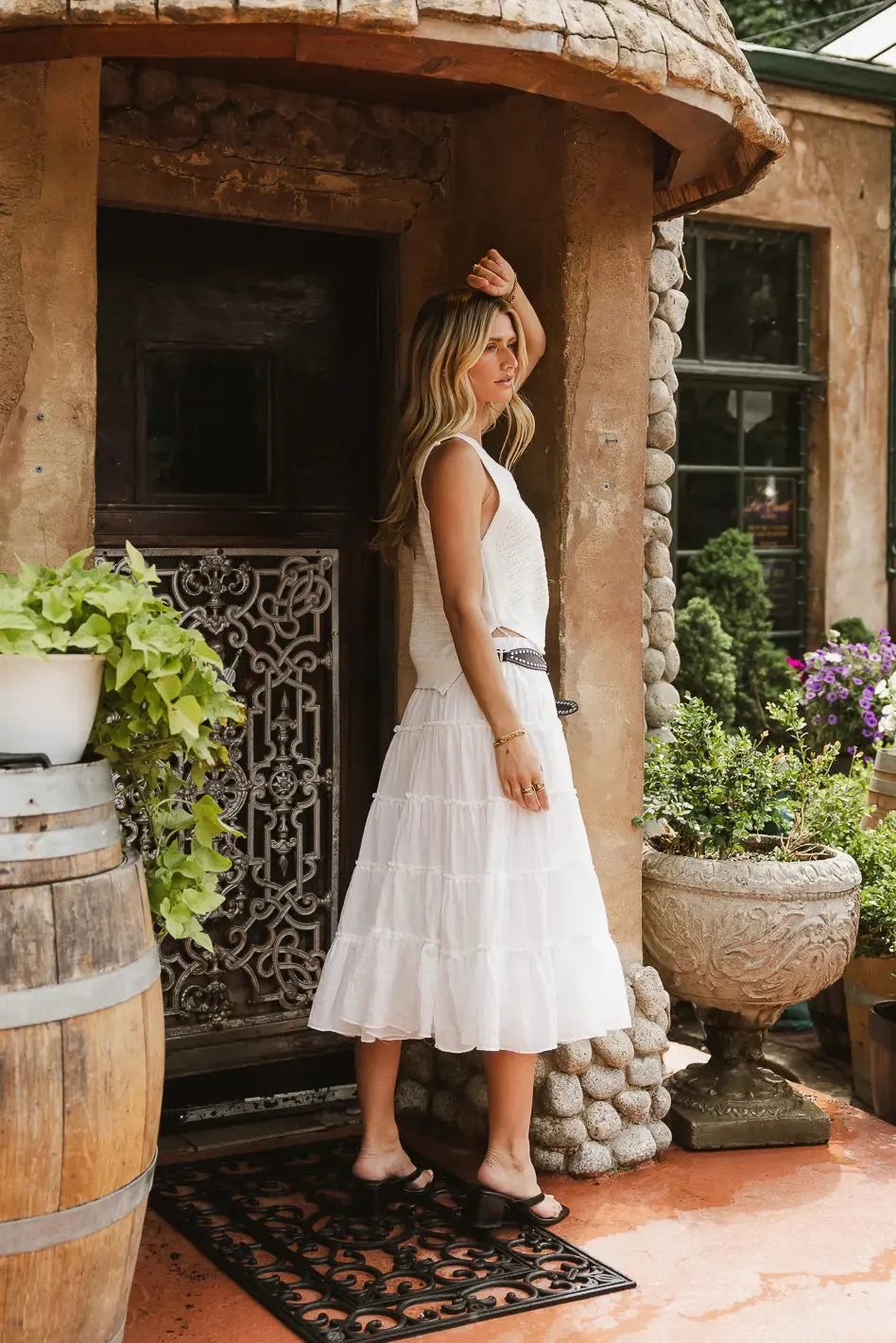 Minerva Tiered Midi Skirt in White