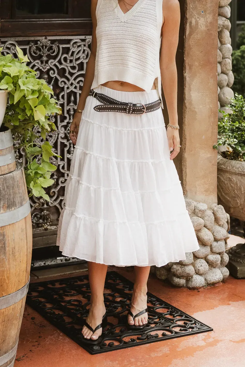 Minerva Tiered Midi Skirt in White