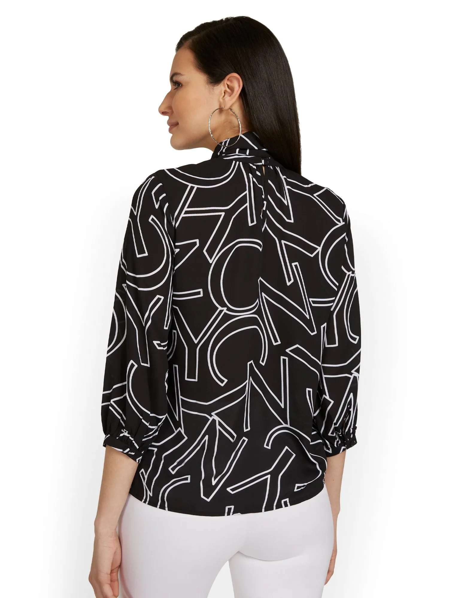NYC-Print Bow-Neck Blouse