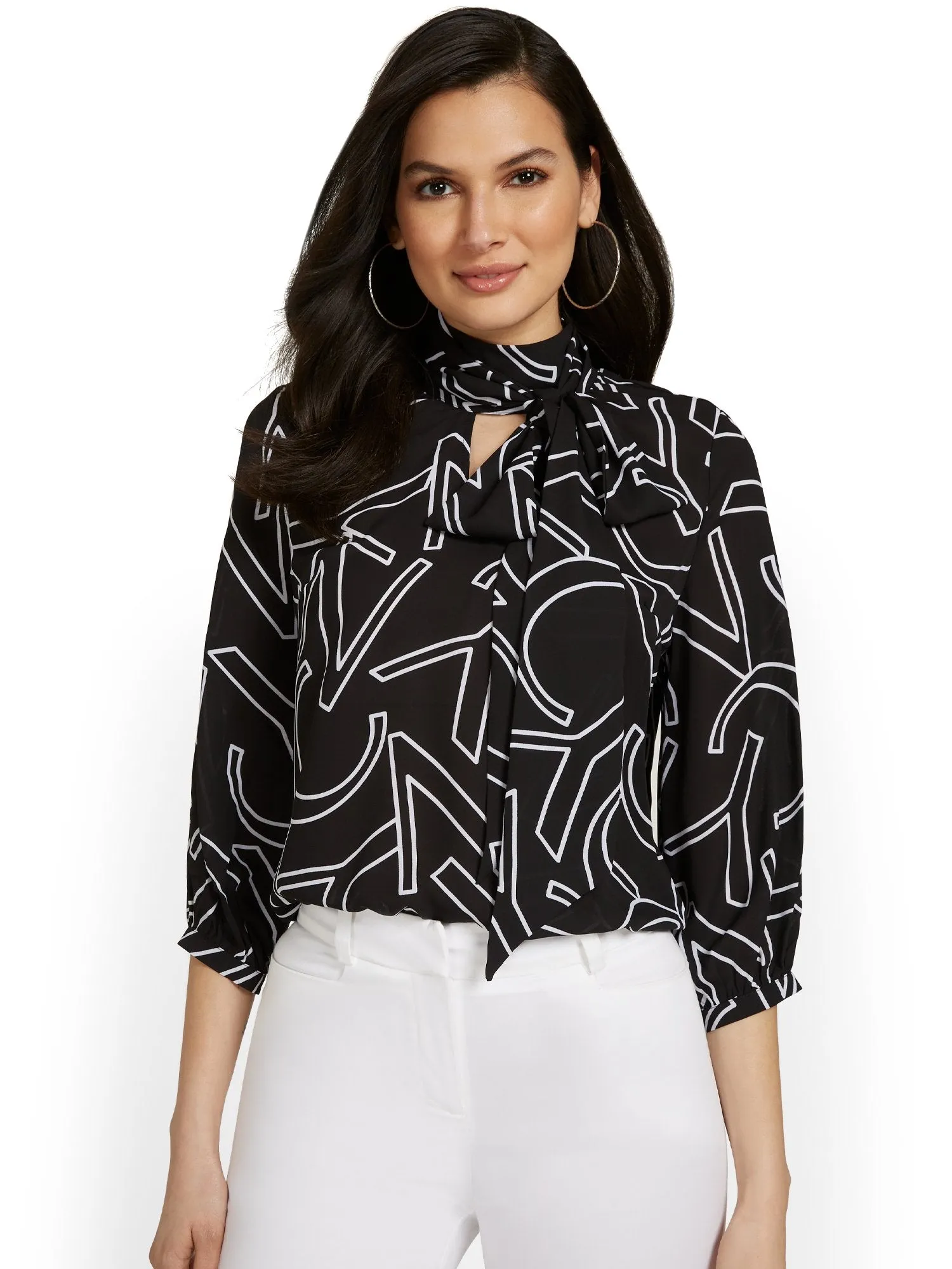 NYC-Print Bow-Neck Blouse