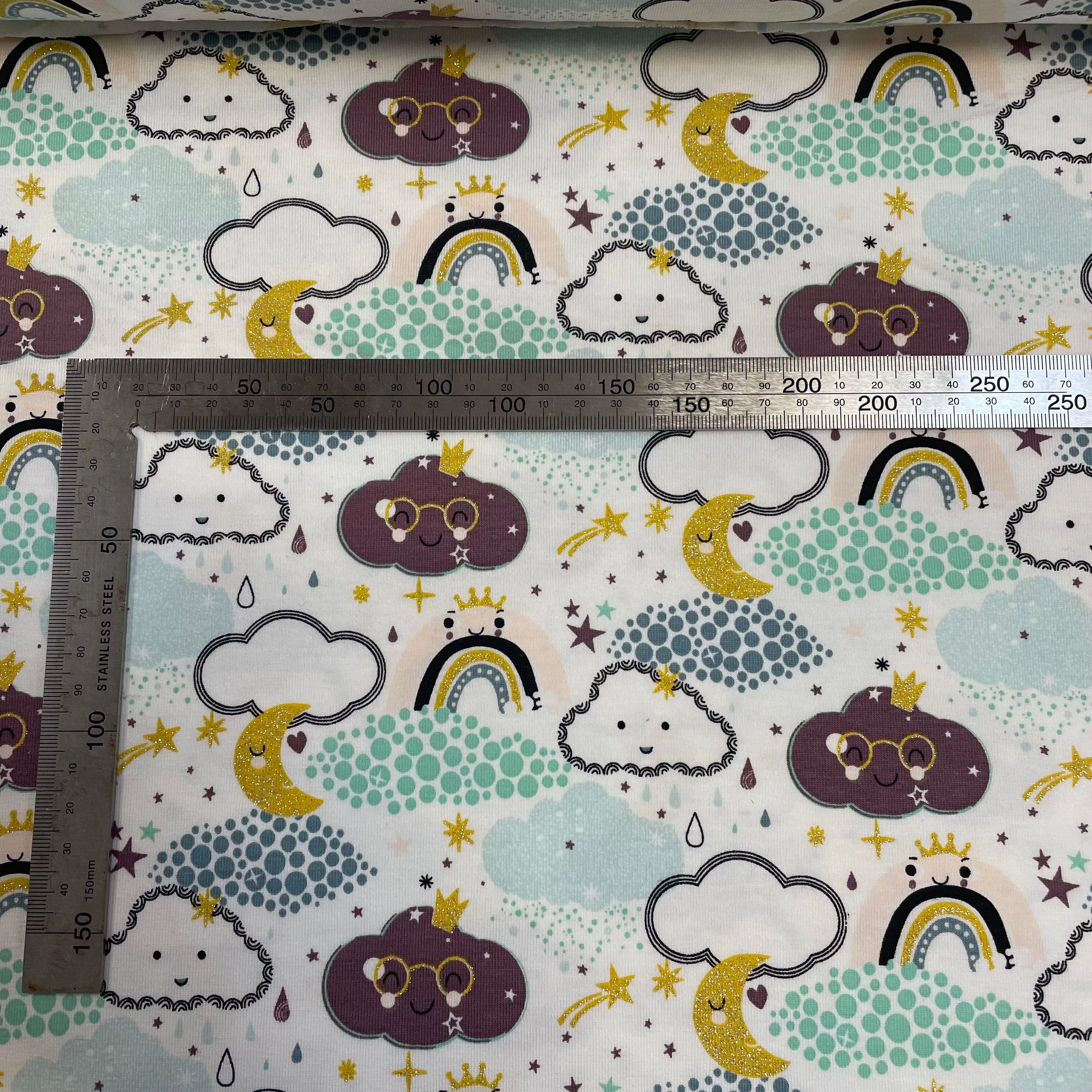 Sale Rainbow Cloud Sky Mauve/Green/Blue With Glitter Cotton Jersey Fabric
