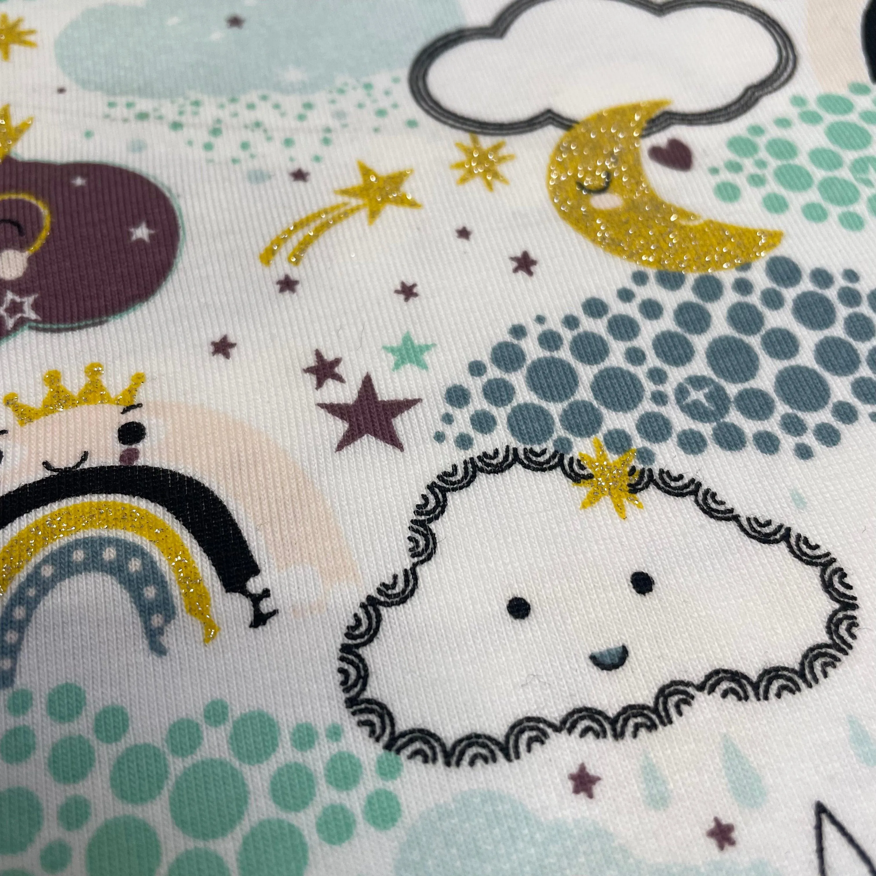 Sale Rainbow Cloud Sky Mauve/Green/Blue With Glitter Cotton Jersey Fabric