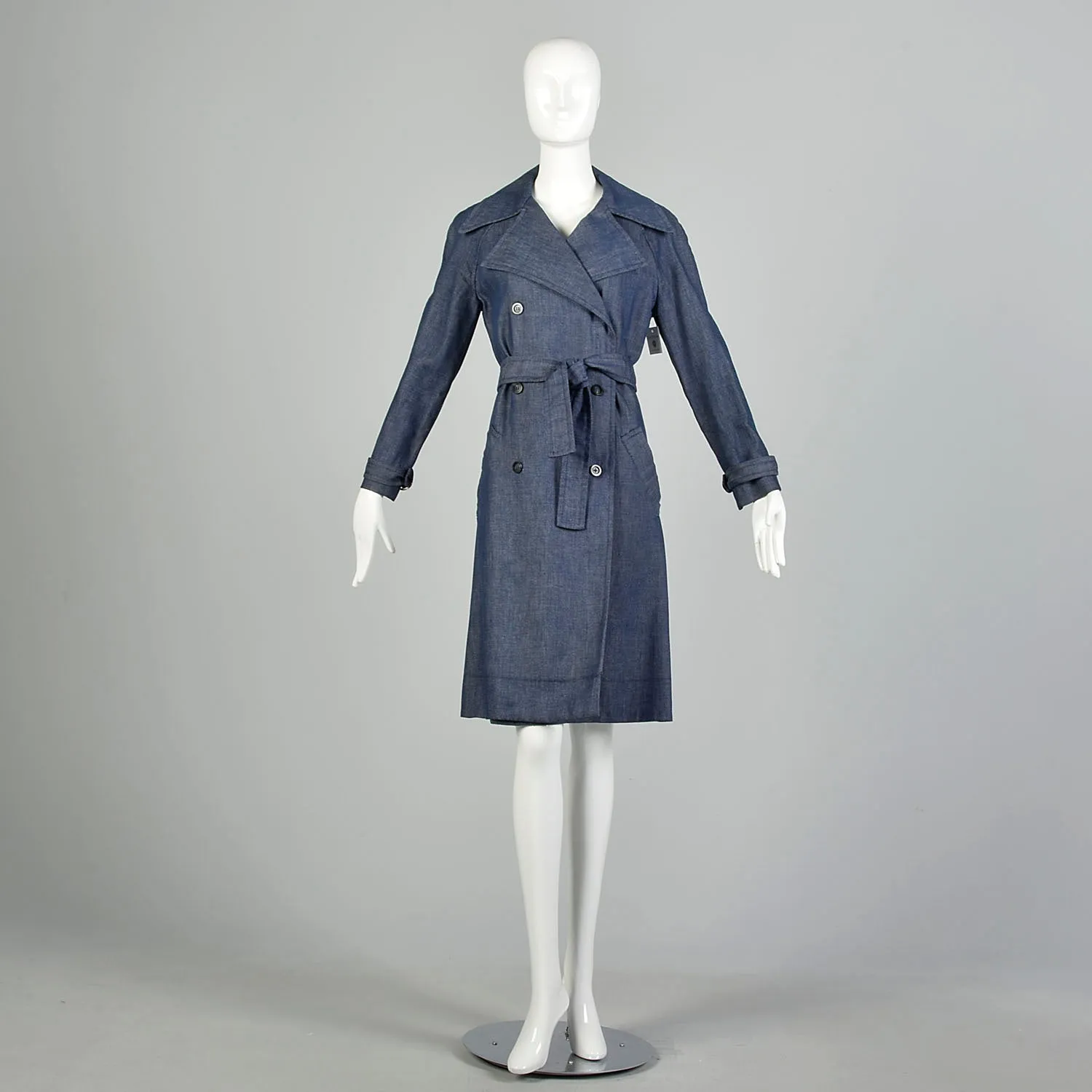 Small 1970s Denim Trench Coat  Double Breasted Knee Length Jean Jacket