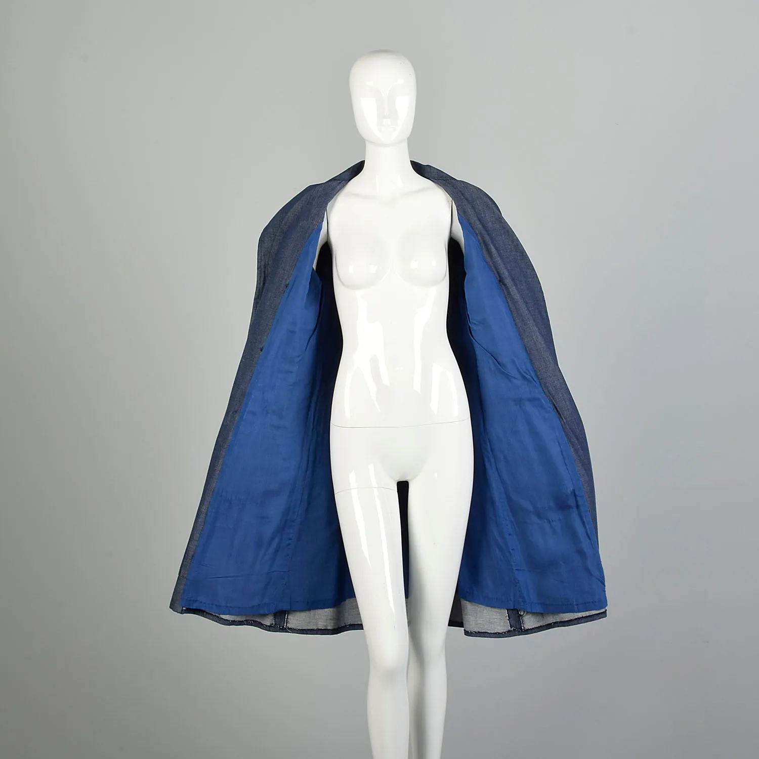 Small 1970s Denim Trench Coat  Double Breasted Knee Length Jean Jacket
