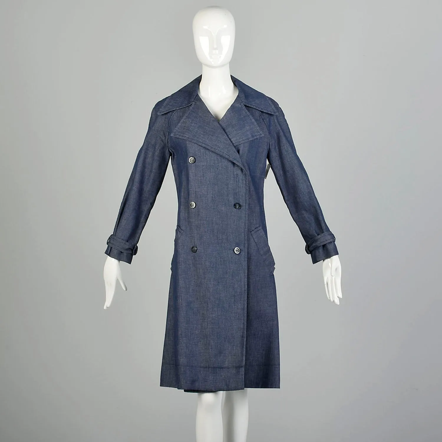 Small 1970s Denim Trench Coat  Double Breasted Knee Length Jean Jacket