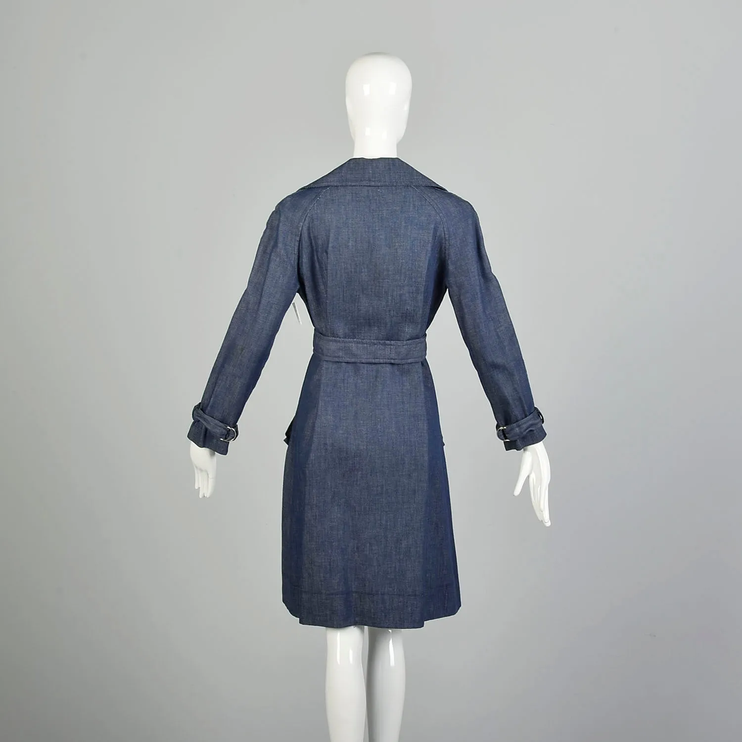 Small 1970s Denim Trench Coat  Double Breasted Knee Length Jean Jacket