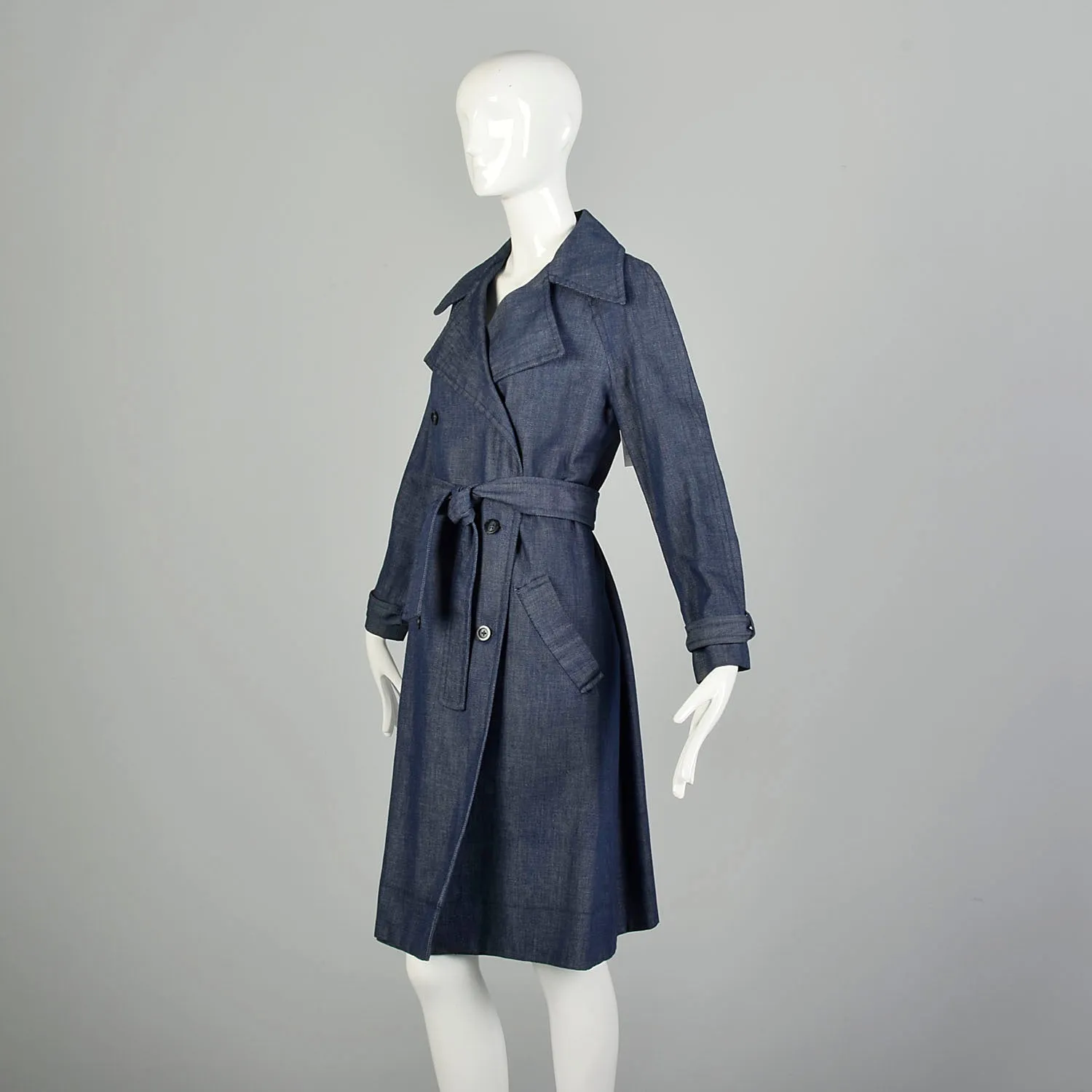 Small 1970s Denim Trench Coat  Double Breasted Knee Length Jean Jacket