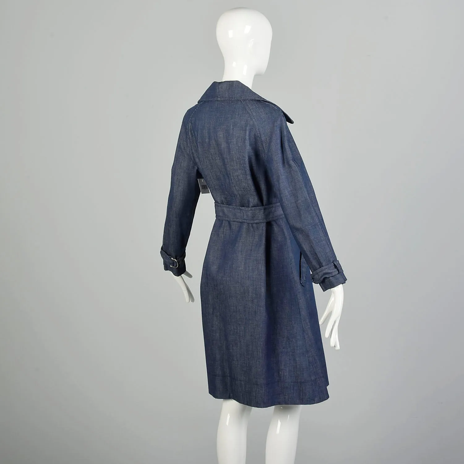Small 1970s Denim Trench Coat  Double Breasted Knee Length Jean Jacket