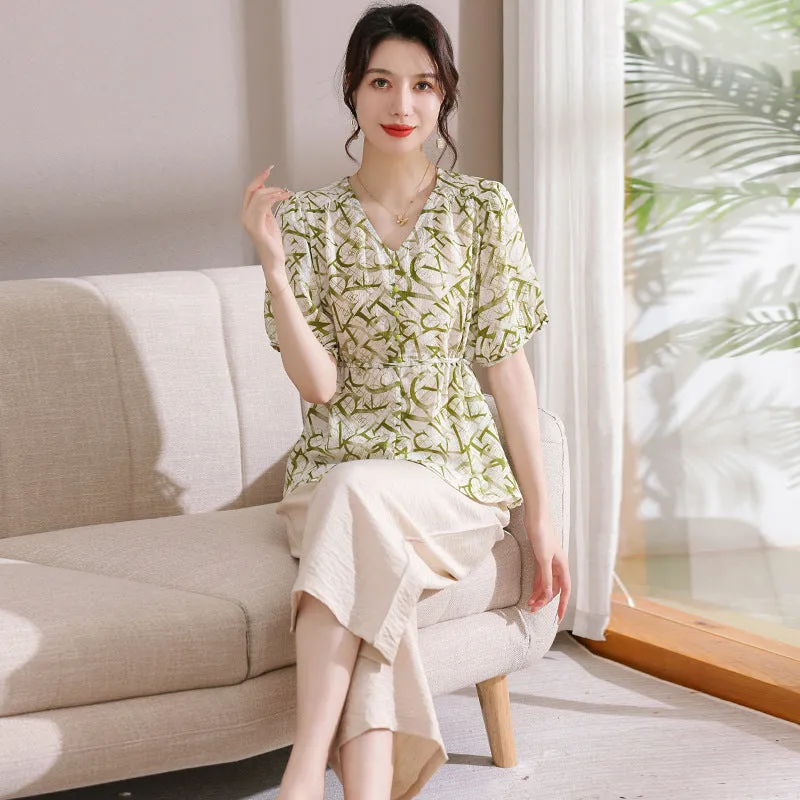 Summer New Leisure Suit Fashion Middle-Aged Women's Clothing Loose Belly-Covering Korean Style All-Match Wide Leg Pants Two-Piece Suit