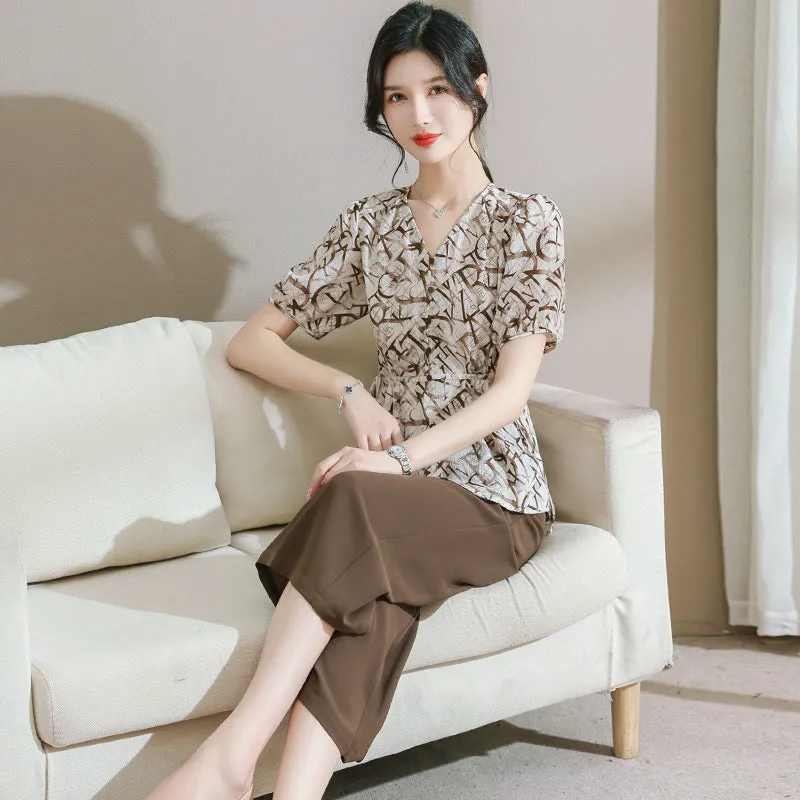 Summer New Leisure Suit Fashion Middle-Aged Women's Clothing Loose Belly-Covering Korean Style All-Match Wide Leg Pants Two-Piece Suit