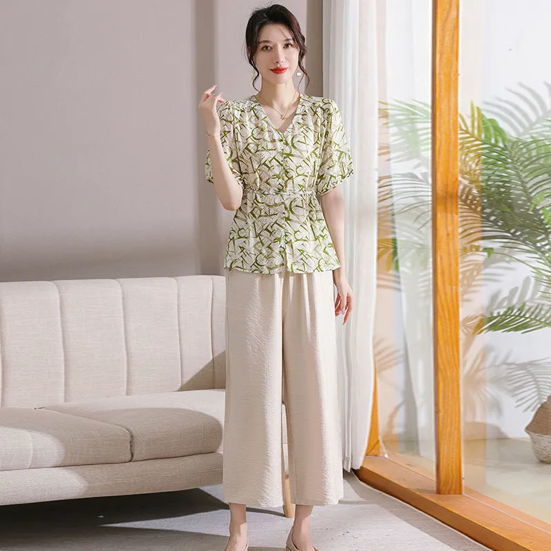 Summer New Leisure Suit Fashion Middle-Aged Women's Clothing Loose Belly-Covering Korean Style All-Match Wide Leg Pants Two-Piece Suit