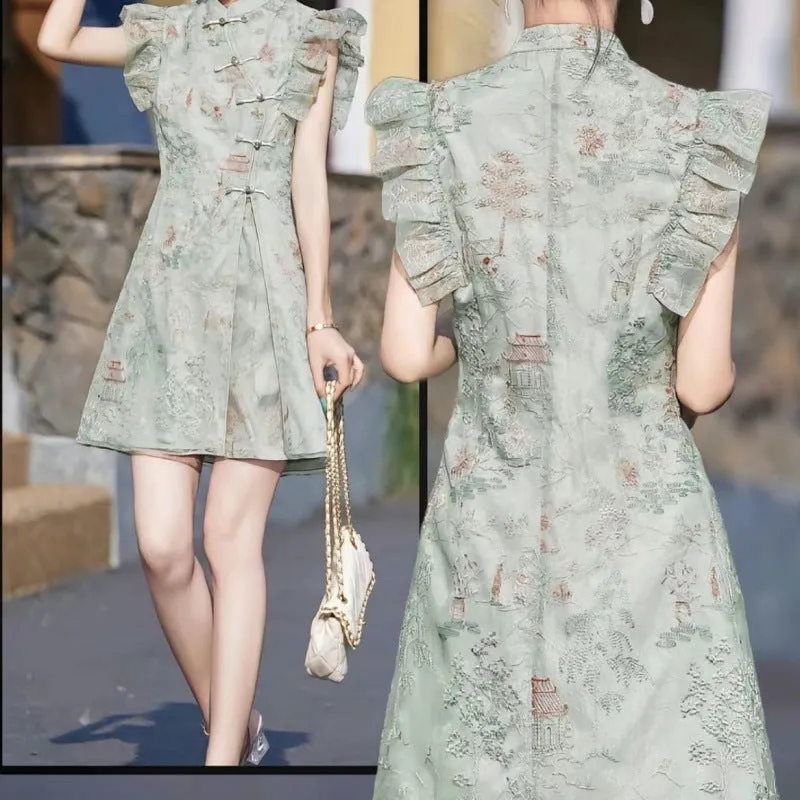 Summer Popular New Chinese Style High-Grade Embroidery Dress Short Two-Piece Set Small Fashion Suit Sunflower