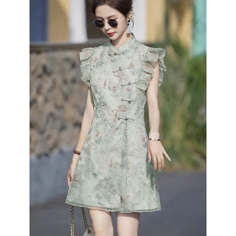 Summer Popular New Chinese Style High-Grade Embroidery Dress Short Two-Piece Set Small Fashion Suit Sunflower