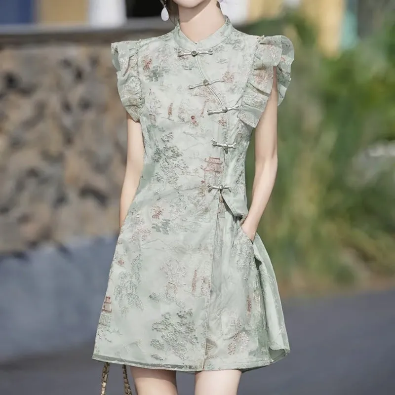 Summer Popular New Chinese Style High-Grade Embroidery Dress Short Two-Piece Set Small Fashion Suit Sunflower