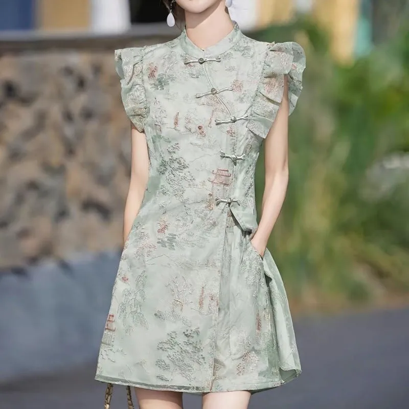 Summer Popular New Chinese Style High-Grade Embroidery Dress Short Two-Piece Set Small Fashion Suit Sunflower